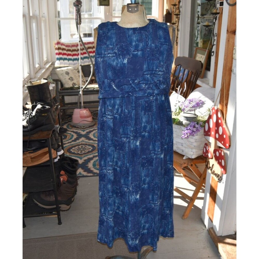Vintage 1980s Karin Stevens A-Line Dress Jewell Neck Blue Abstract Size Medium